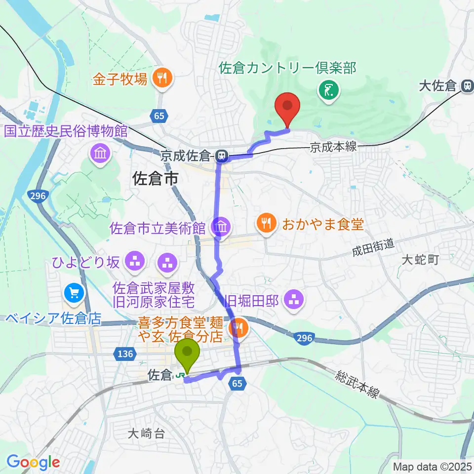 佐倉駅から音楽教室 澤村へのルートマップ地図