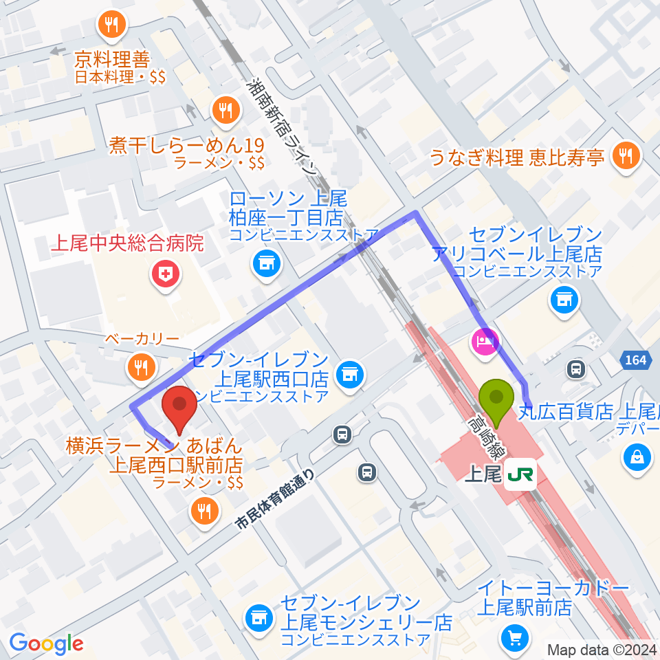 上尾エリントンの最寄駅上尾駅からの徒歩ルート（約4分）地図