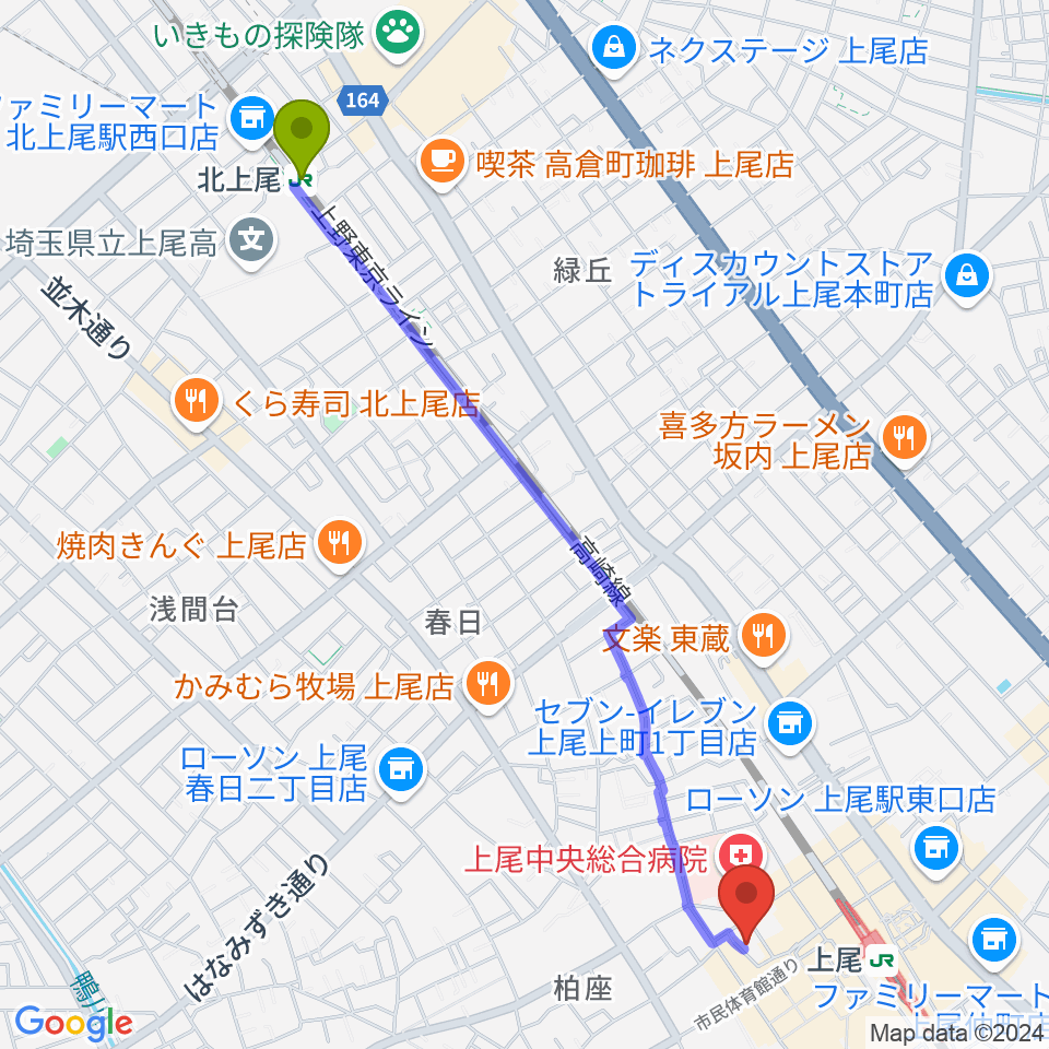 北上尾駅から上尾エリントンへのルートマップ地図