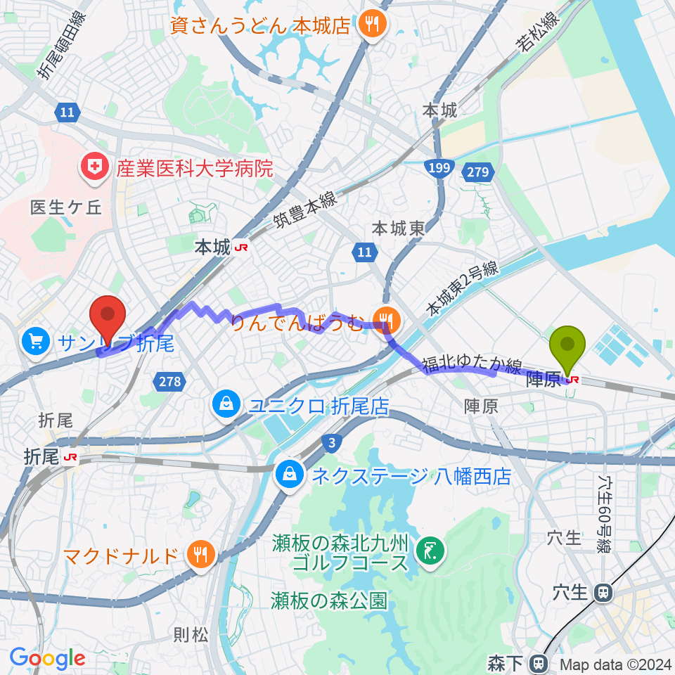 陣原駅からスタジオバンブーへのルートマップ地図