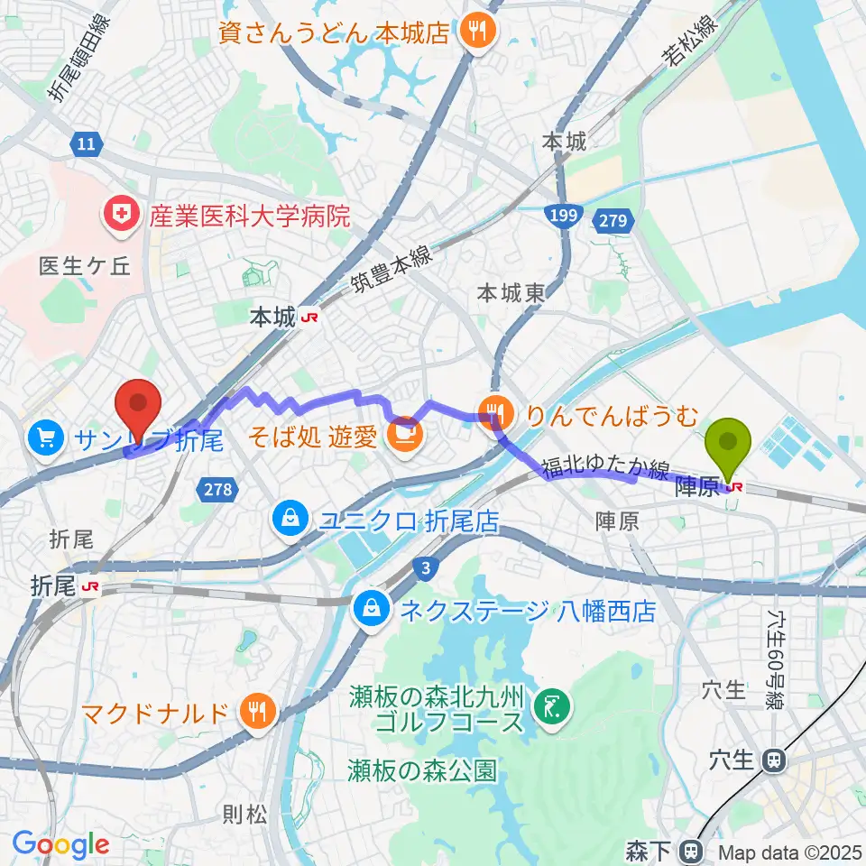 陣原駅からスタジオバンブーへのルートマップ地図