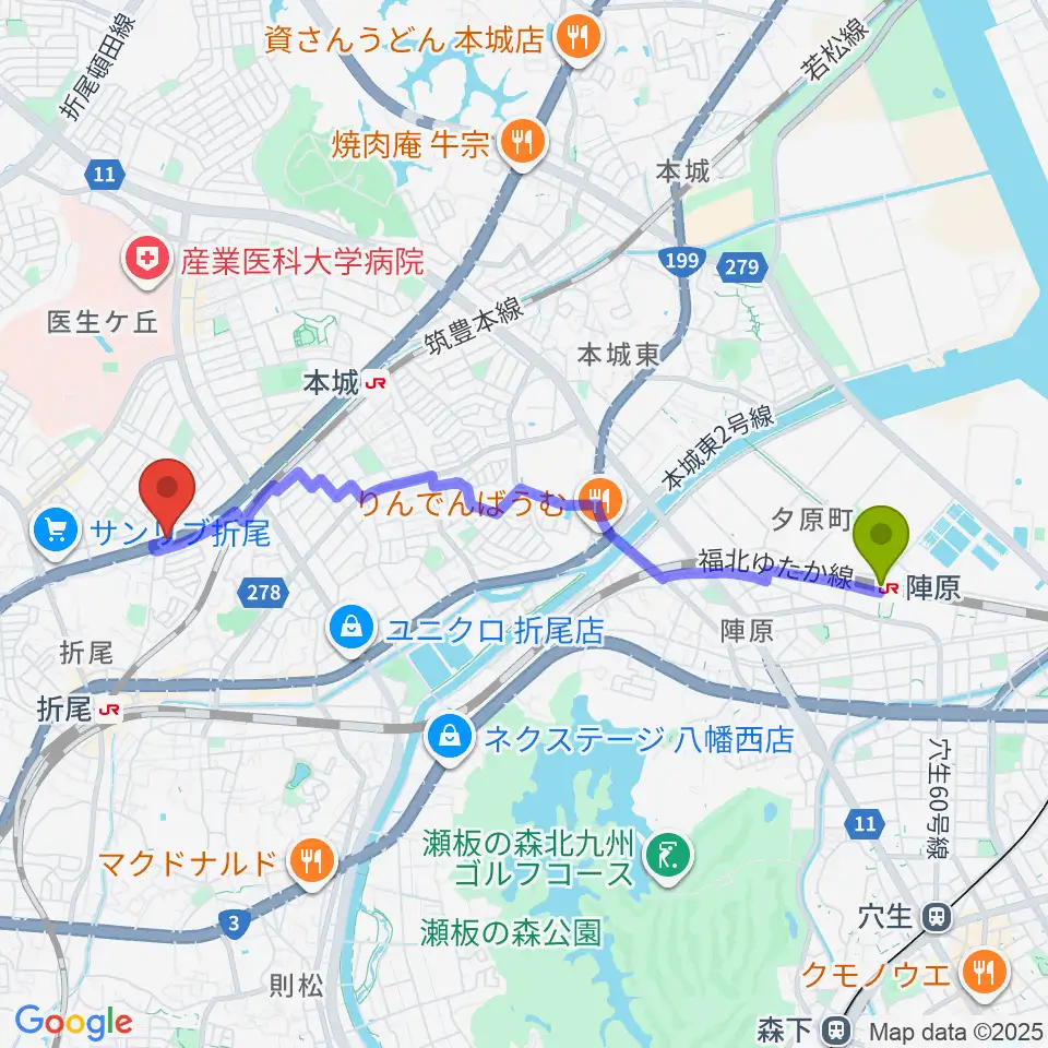 陣原駅からスタジオバンブーへのルートマップ地図