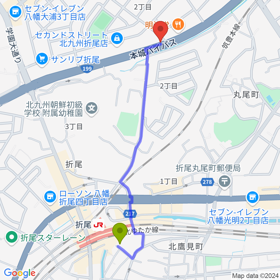 スタジオバンブーの最寄駅折尾駅からの徒歩ルート（約12分）地図