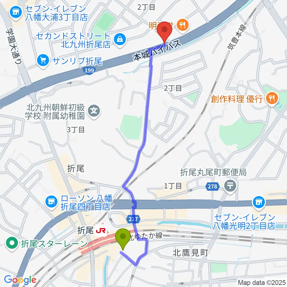 スタジオバンブーの最寄駅折尾駅からの徒歩ルート（約12分）地図