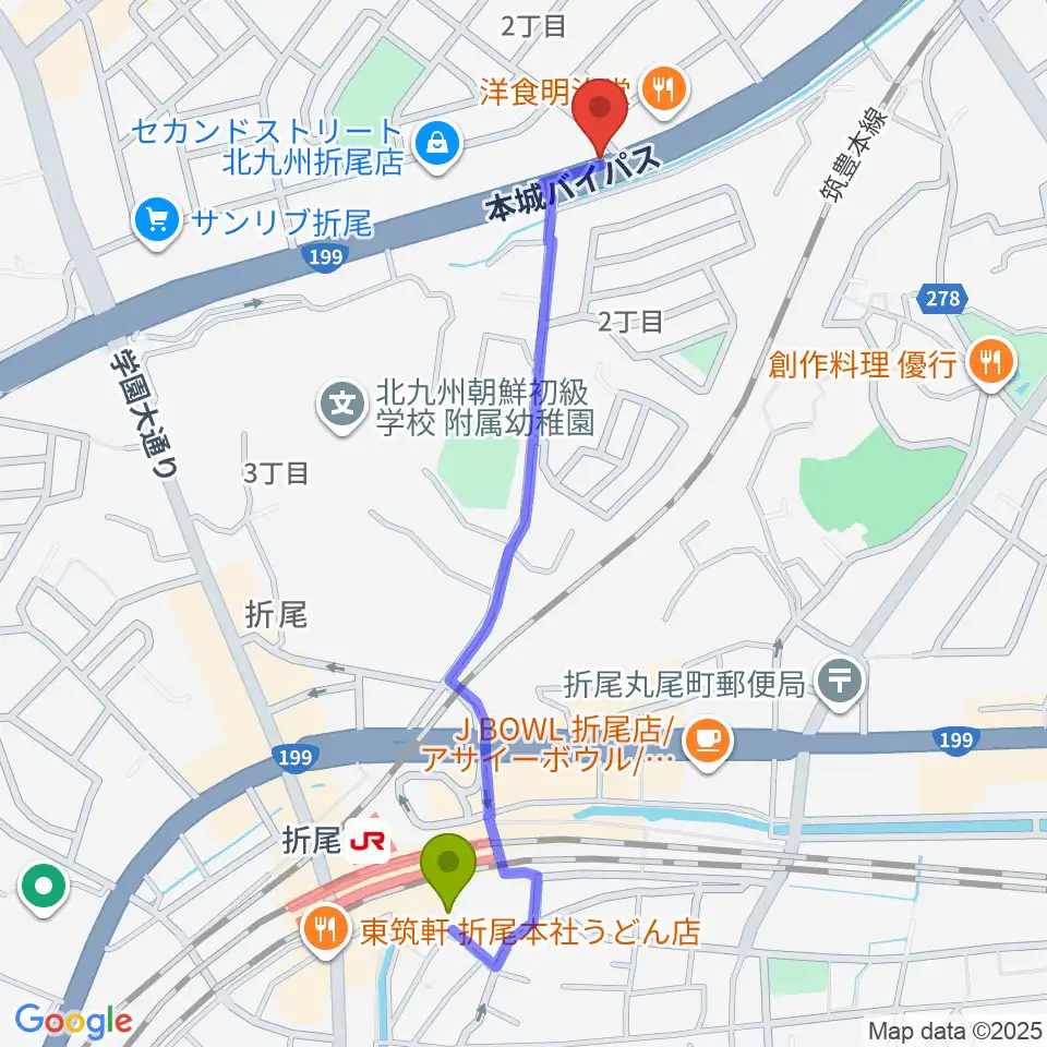 スタジオバンブーの最寄駅折尾駅からの徒歩ルート（約12分）地図