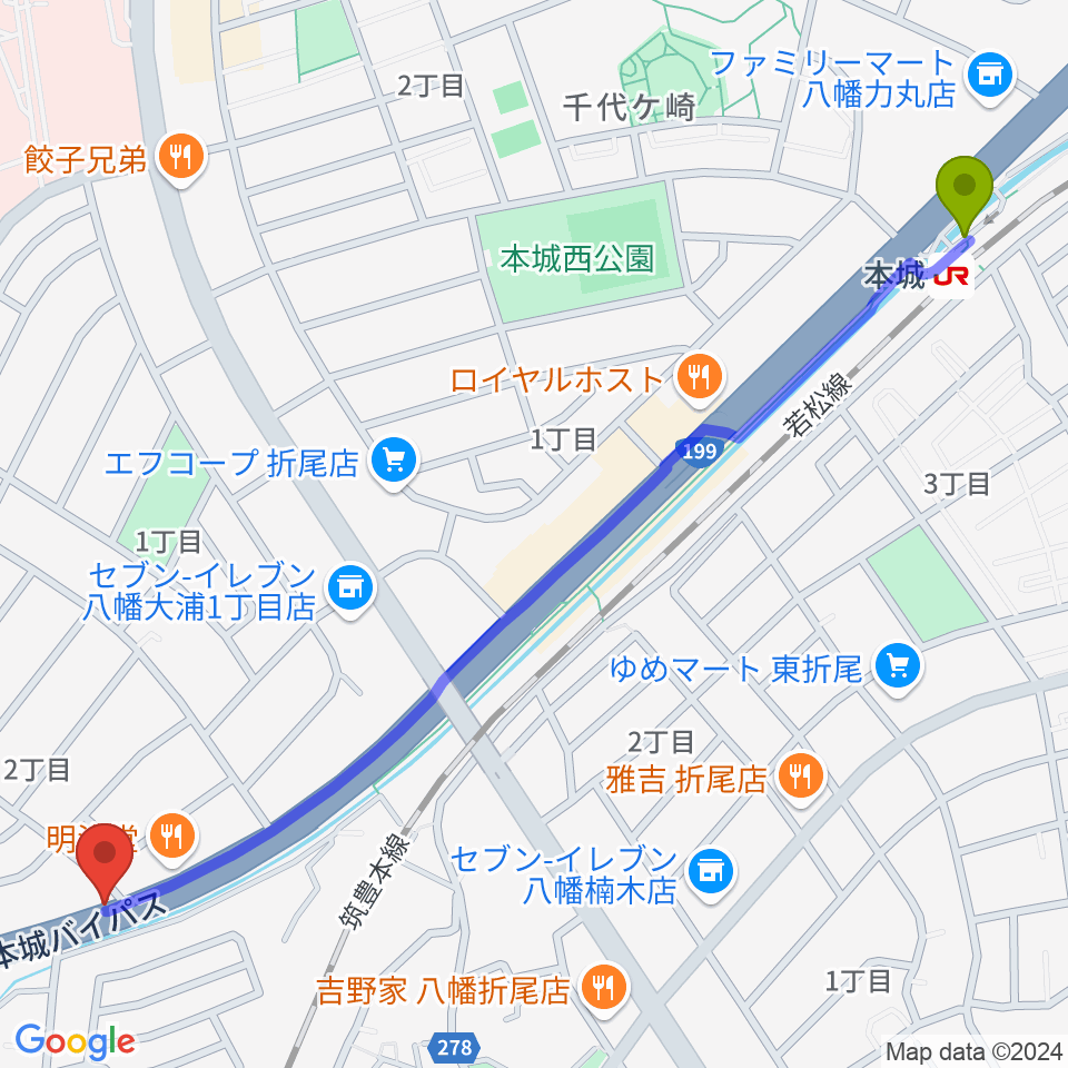 本城駅からスタジオバンブーへのルートマップ地図