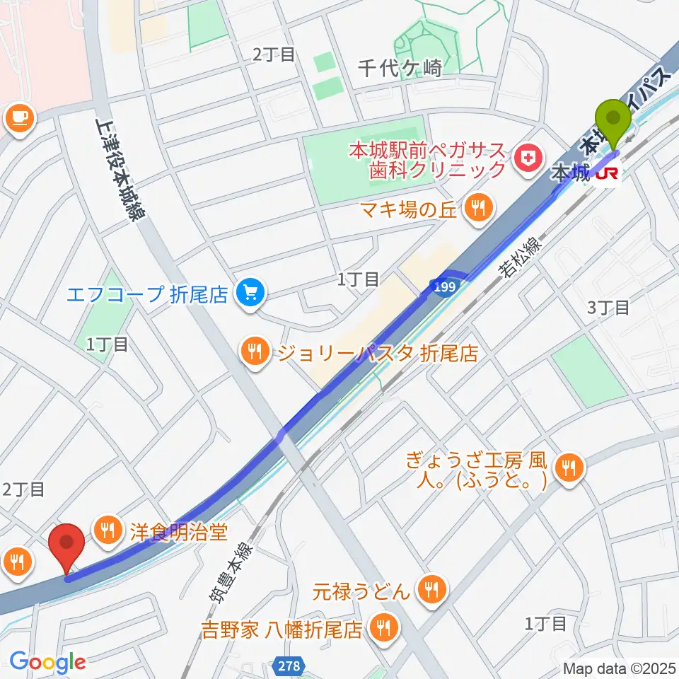 本城駅からスタジオバンブーへのルートマップ地図