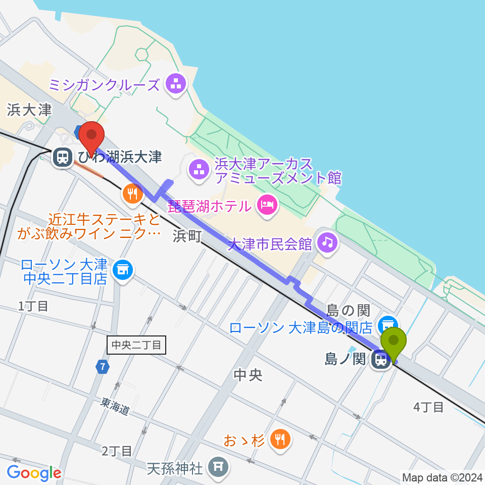 島ノ関駅からスカイプラザ浜大津へのルートマップ地図