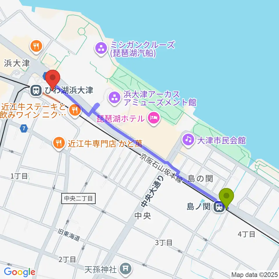島ノ関駅からスカイプラザ浜大津へのルートマップ地図