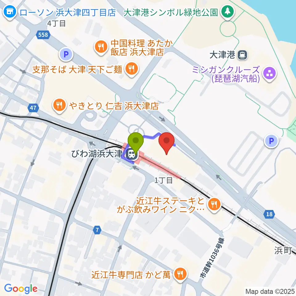 スカイプラザ浜大津の最寄駅びわ湖浜大津駅からの徒歩ルート（約1分）地図