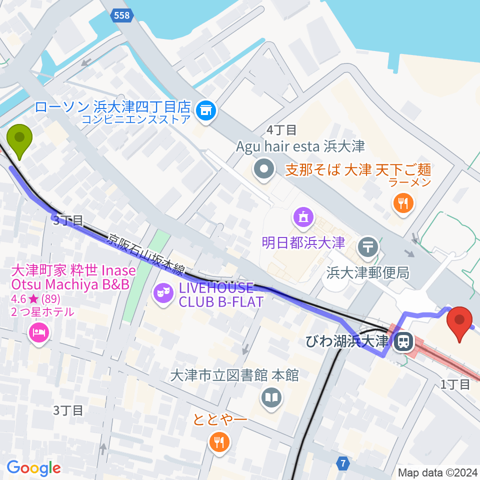 三井寺駅からスカイプラザ浜大津へのルートマップ地図