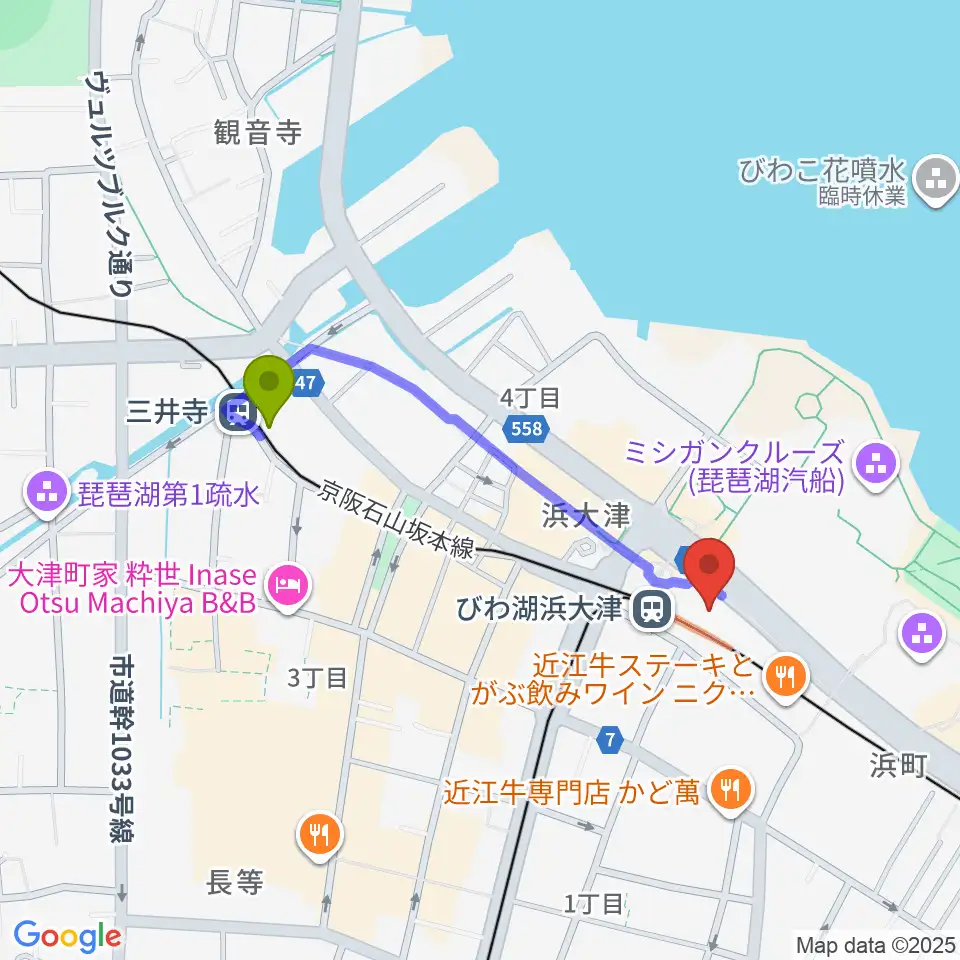 三井寺駅からスカイプラザ浜大津へのルートマップ地図