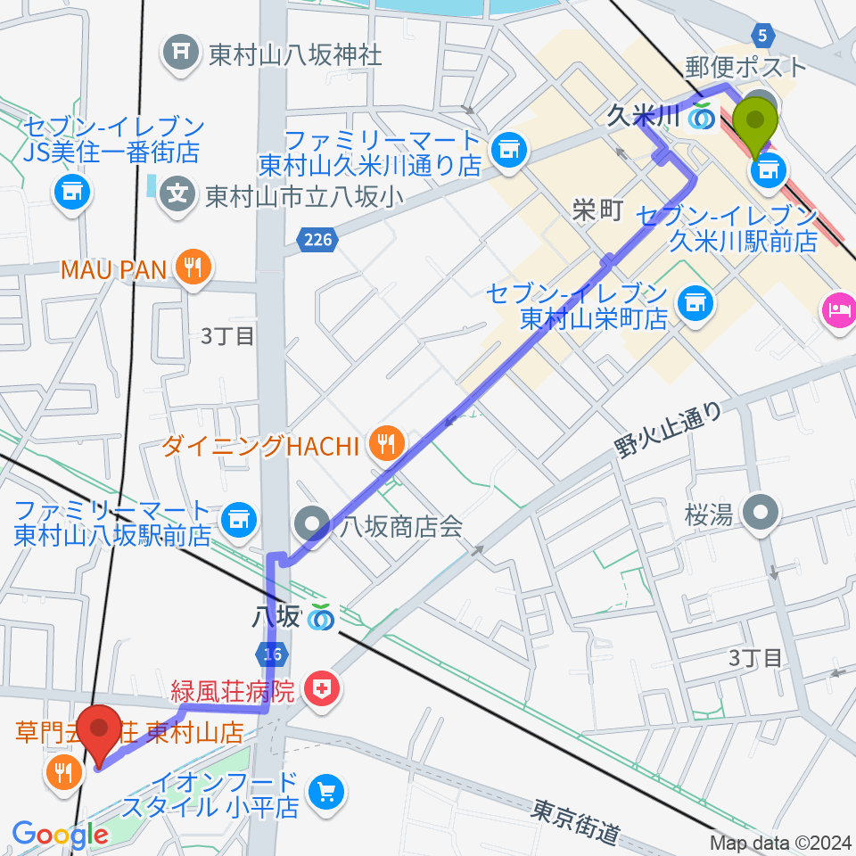 久米川駅からRescue5 Music Academyへのルートマップ地図