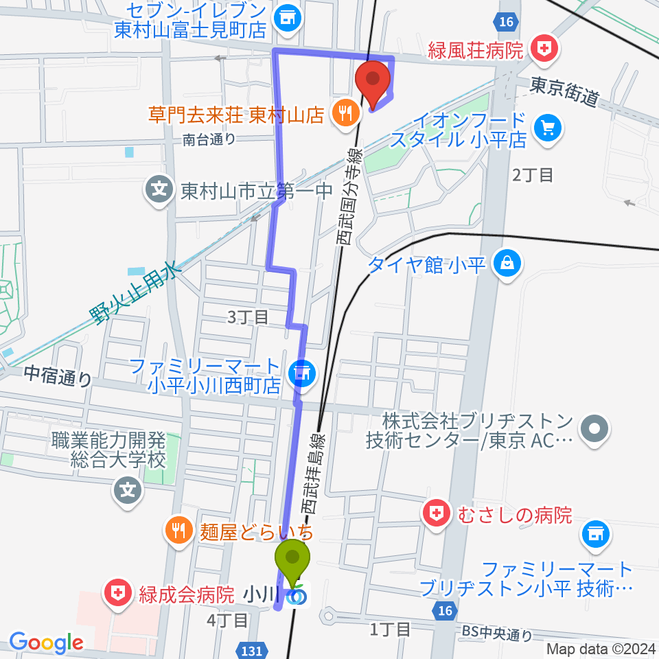 小川駅からRescue5 Music Academyへのルートマップ地図