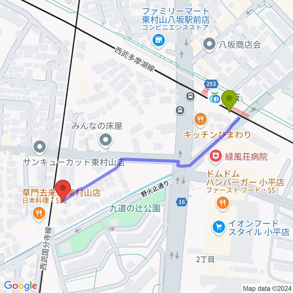 Rescue5 Music Academyの最寄駅八坂駅からの徒歩ルート（約5分）地図