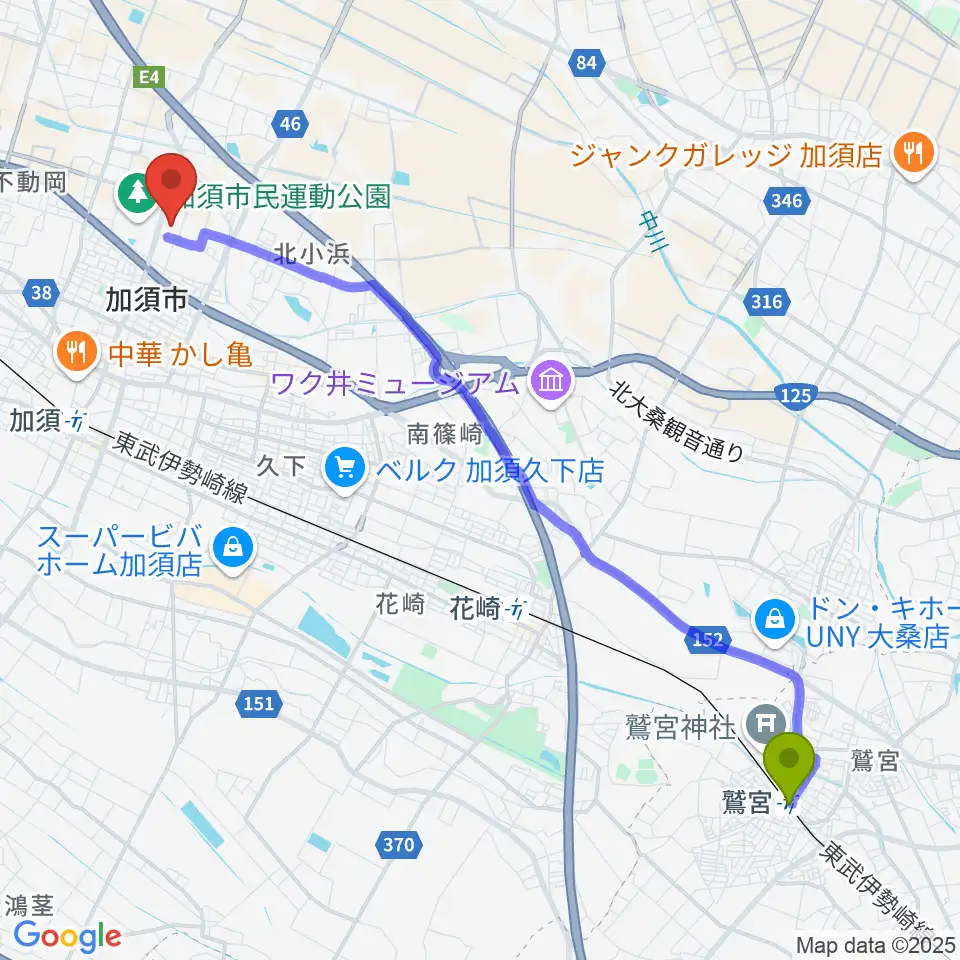 鷲宮駅からパストラルかぞへのルートマップ地図