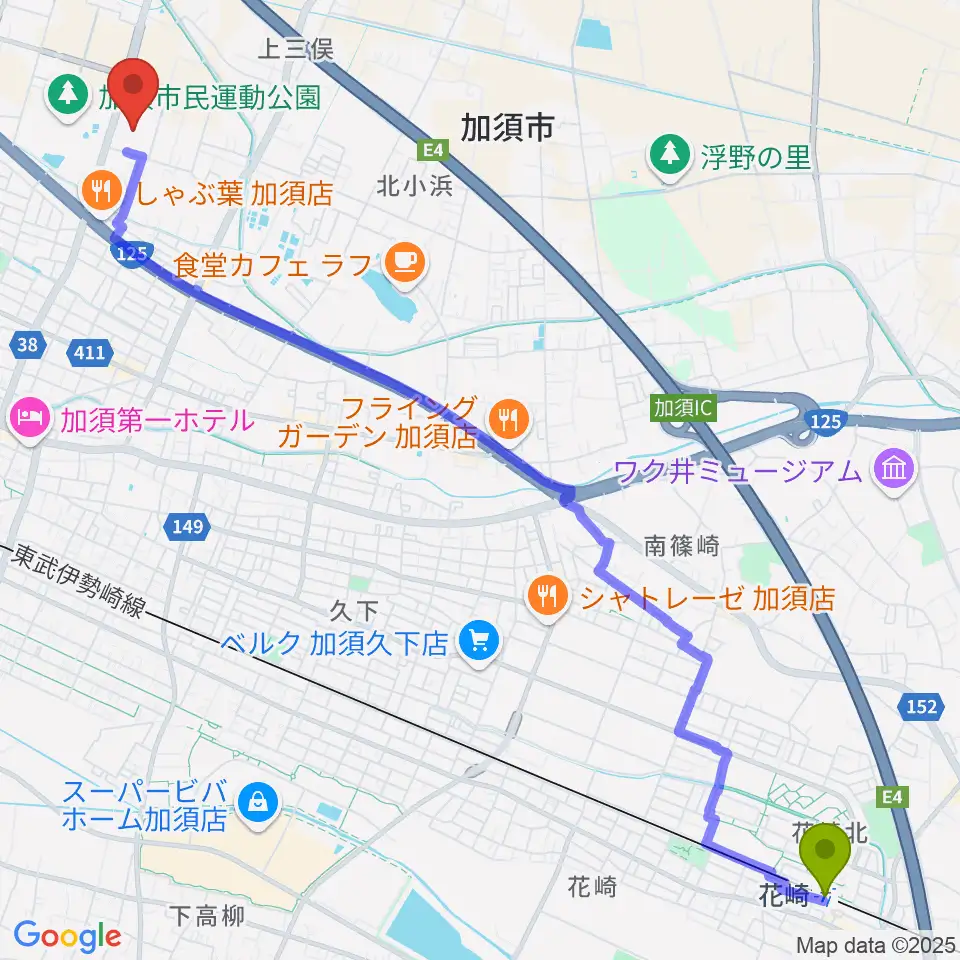 花崎駅からパストラルかぞへのルートマップ地図