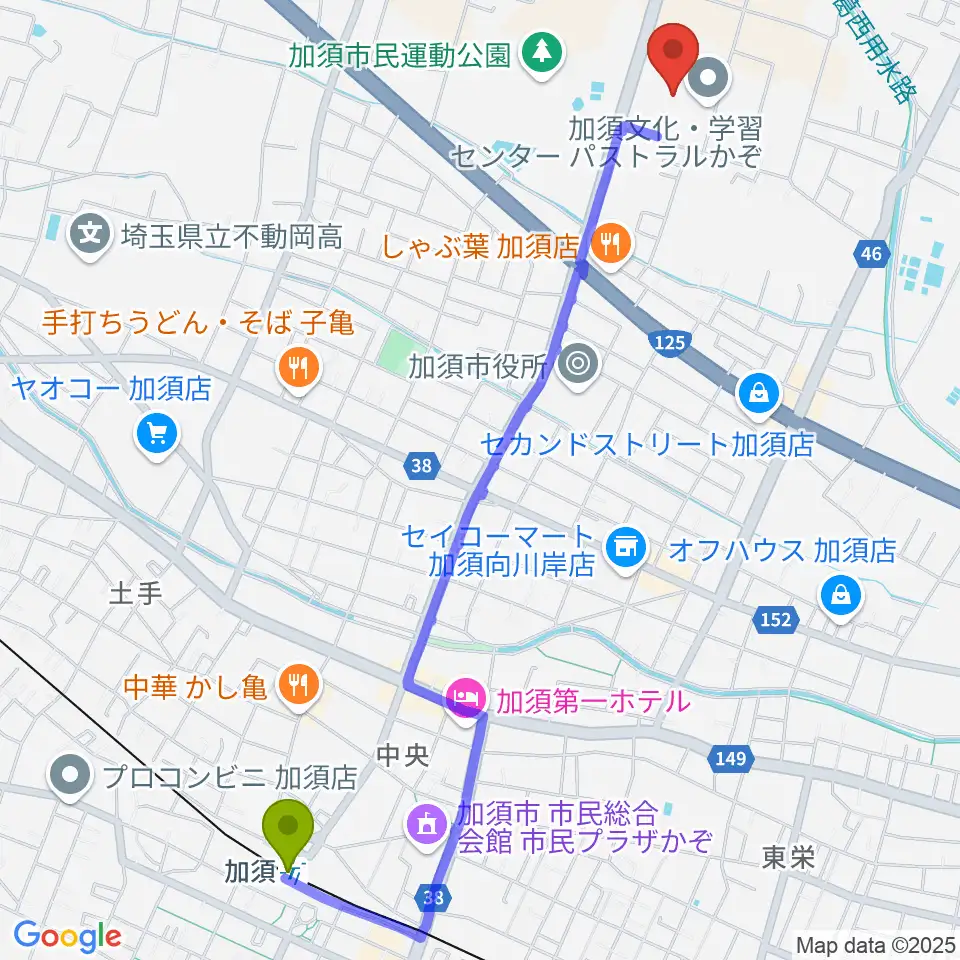 パストラルかぞの最寄駅加須駅からの徒歩ルート（約28分）地図