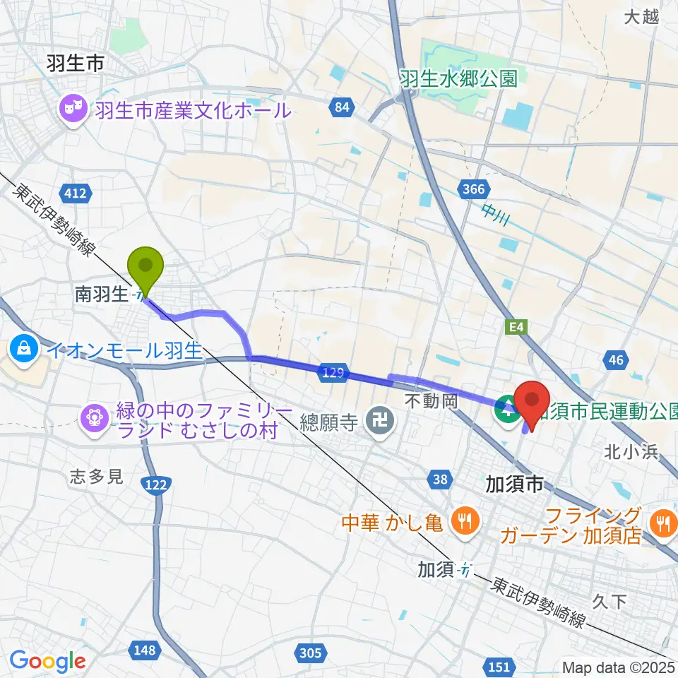 南羽生駅からパストラルかぞへのルートマップ地図