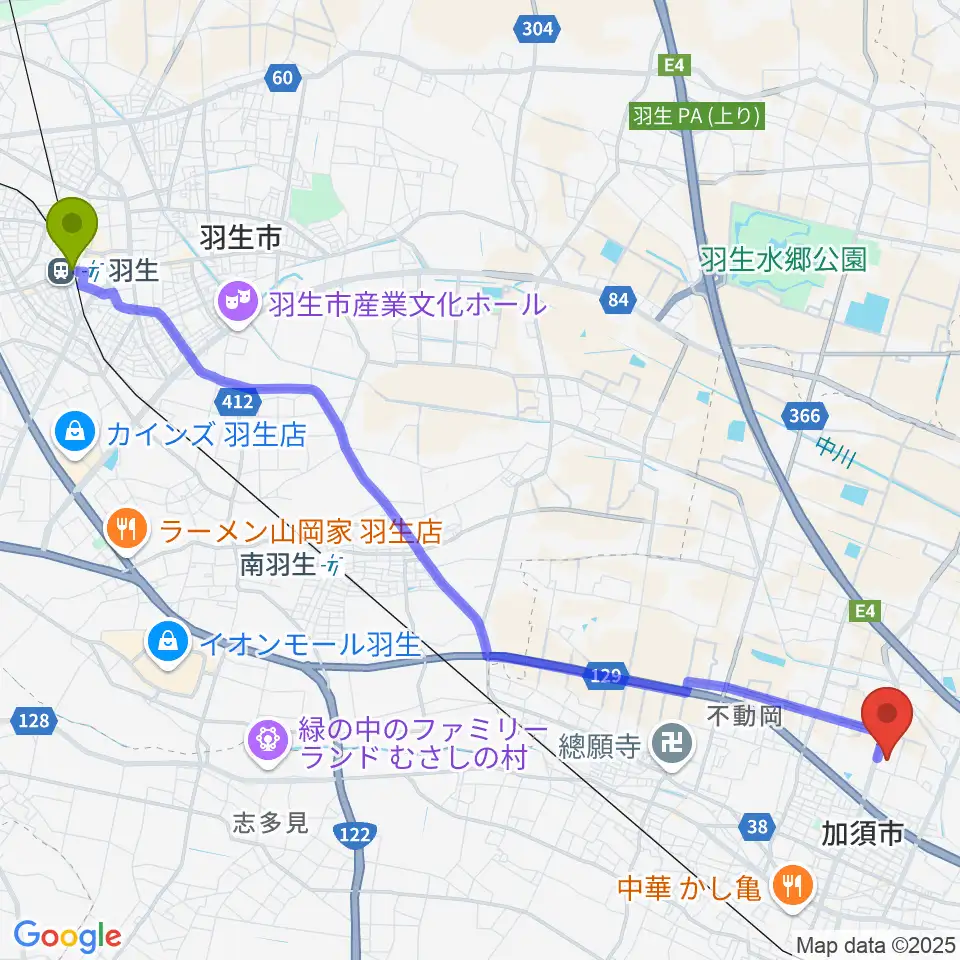 羽生駅からパストラルかぞへのルートマップ地図