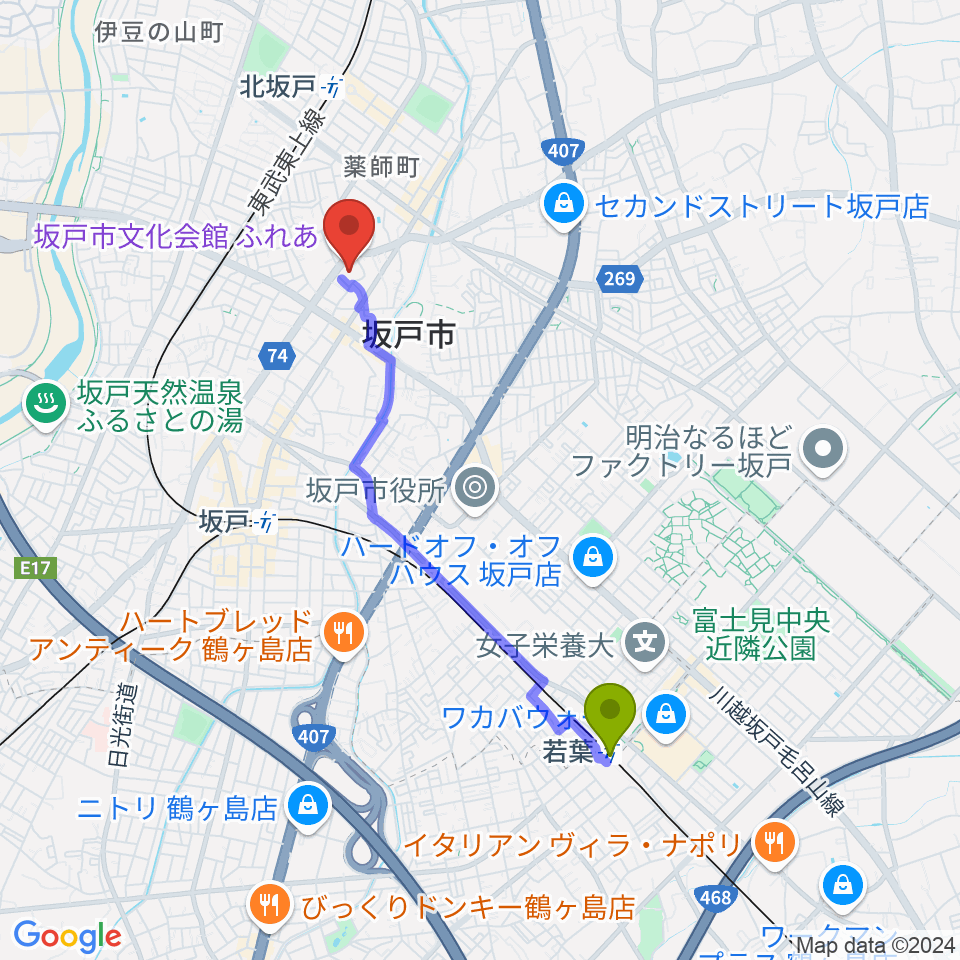 若葉駅から坂戸市文化会館ふれあへのルートマップ地図