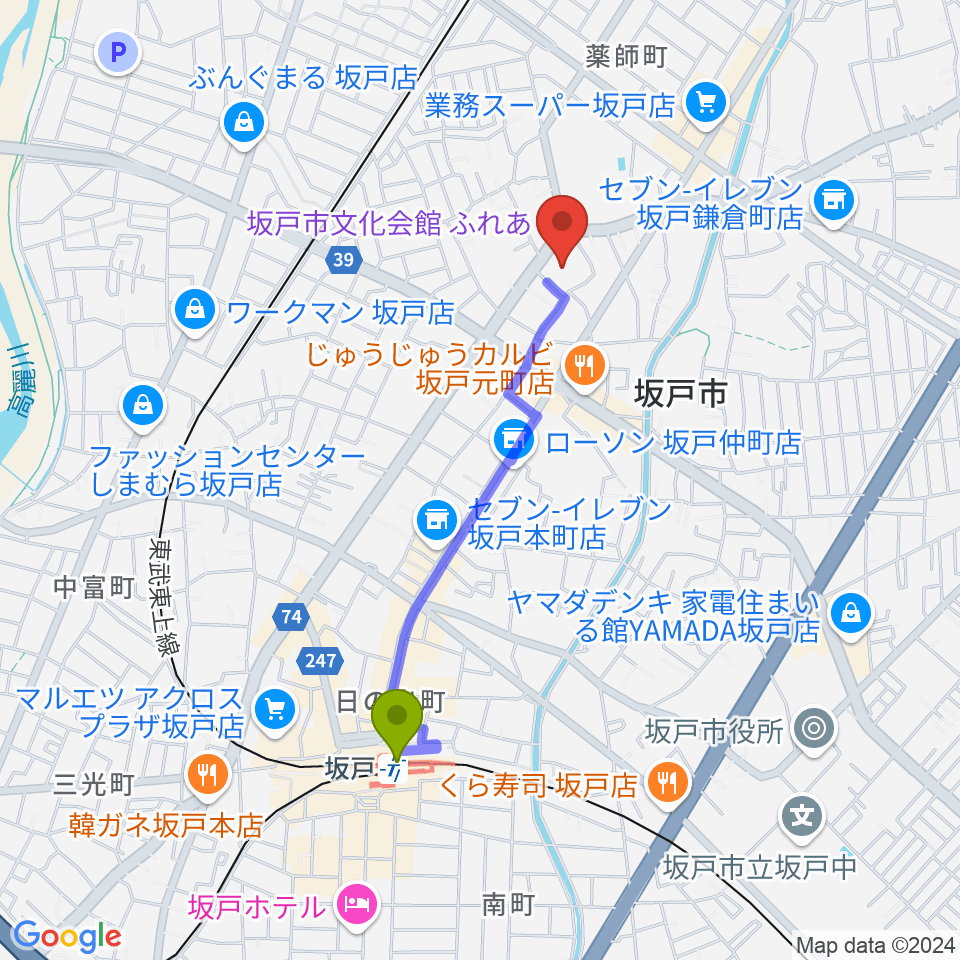 坂戸駅から坂戸市文化会館ふれあへのルートマップ地図