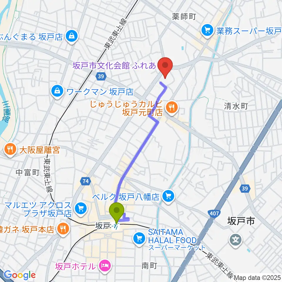 坂戸駅から坂戸市文化会館ふれあへのルートマップ地図