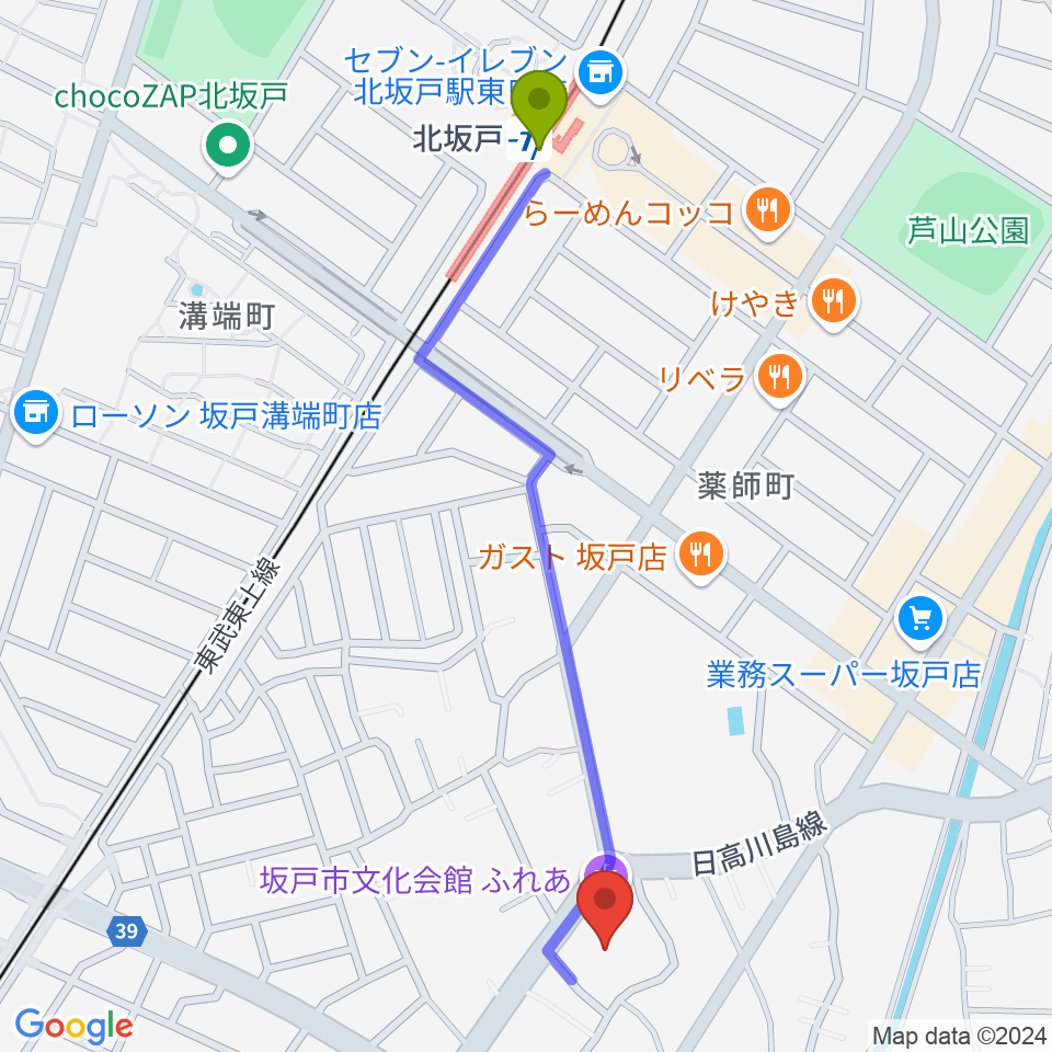 坂戸市文化会館ふれあの最寄駅北坂戸駅からの徒歩ルート（約12分）地図