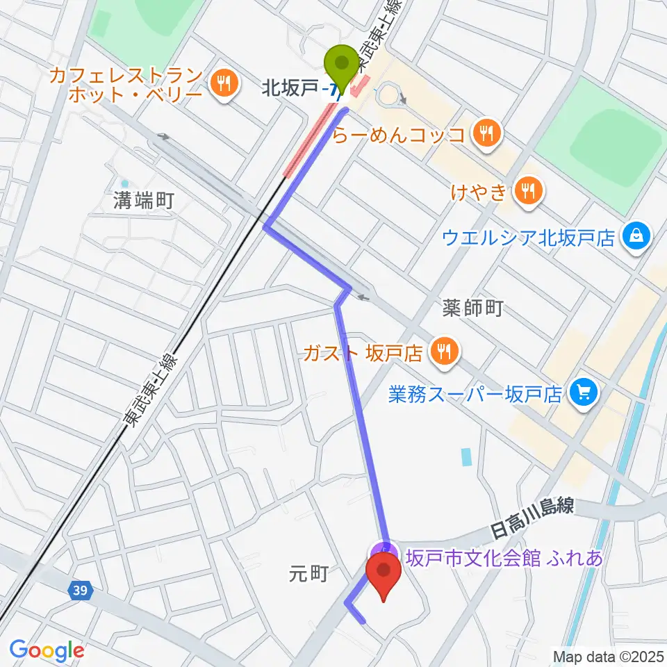 坂戸市文化会館ふれあの最寄駅北坂戸駅からの徒歩ルート（約12分）地図