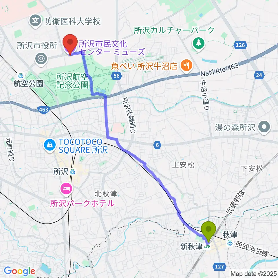 新秋津駅から所沢市民文化センターミューズへのルートマップ地図