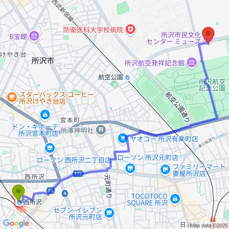 西所沢駅から所沢市民文化センターミューズへのルートマップ地図