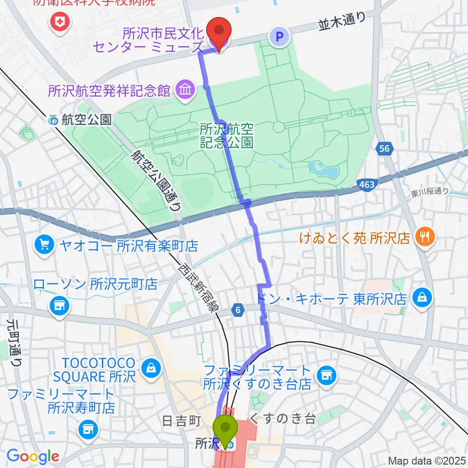 所沢駅から所沢市民文化センターミューズへのルートマップ地図