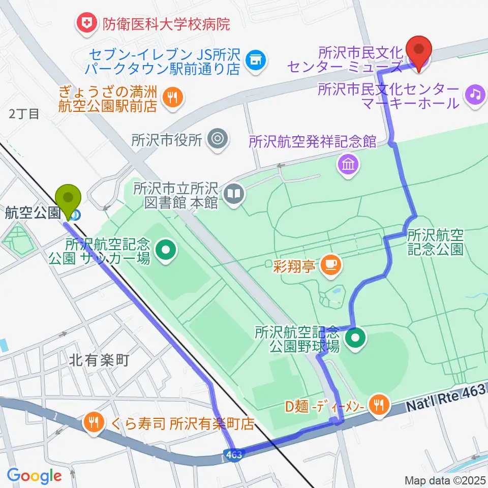 所沢市民文化センターミューズの最寄駅航空公園駅からの徒歩ルート（約12分）地図