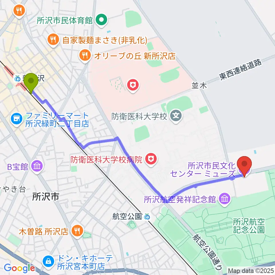 新所沢駅から所沢市民文化センターミューズへのルートマップ地図