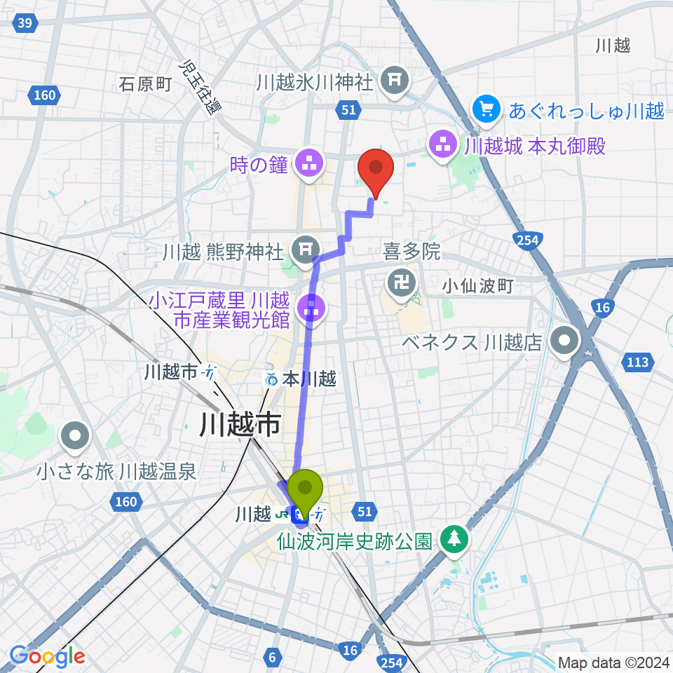 川越駅から川越市やまぶき会館へのルートマップ地図