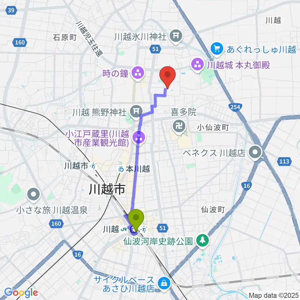 川越駅から川越市やまぶき会館へのルートマップ地図