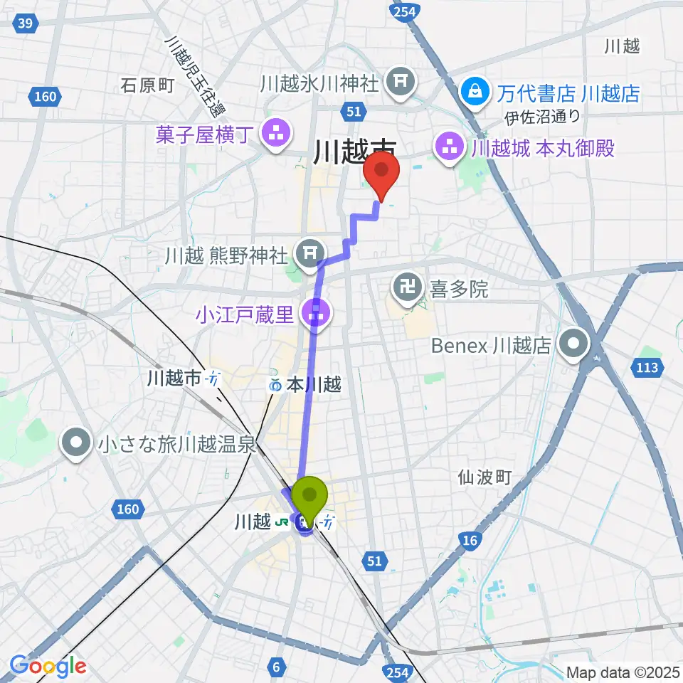 川越駅から川越市やまぶき会館へのルートマップ地図
