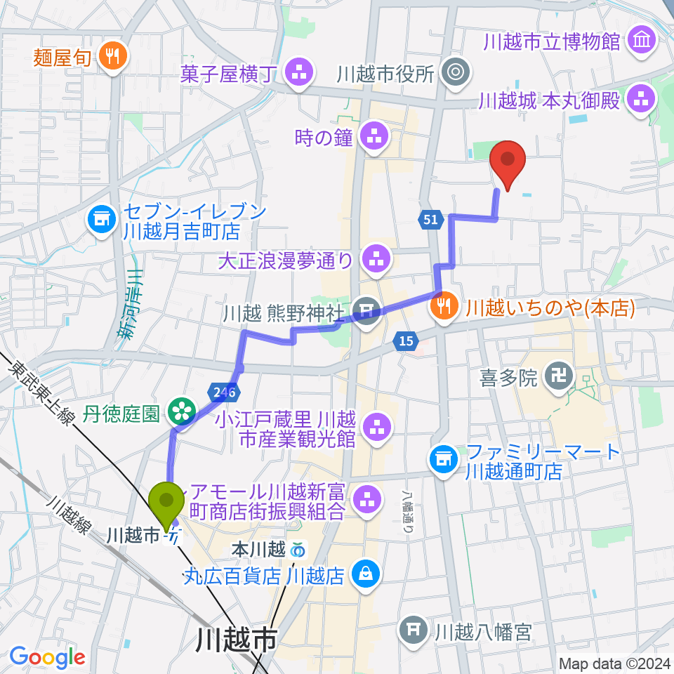 川越市駅から川越市やまぶき会館へのルートマップ地図