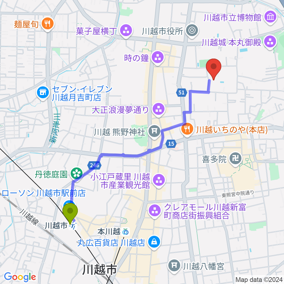 川越市駅から川越市やまぶき会館へのルートマップ地図