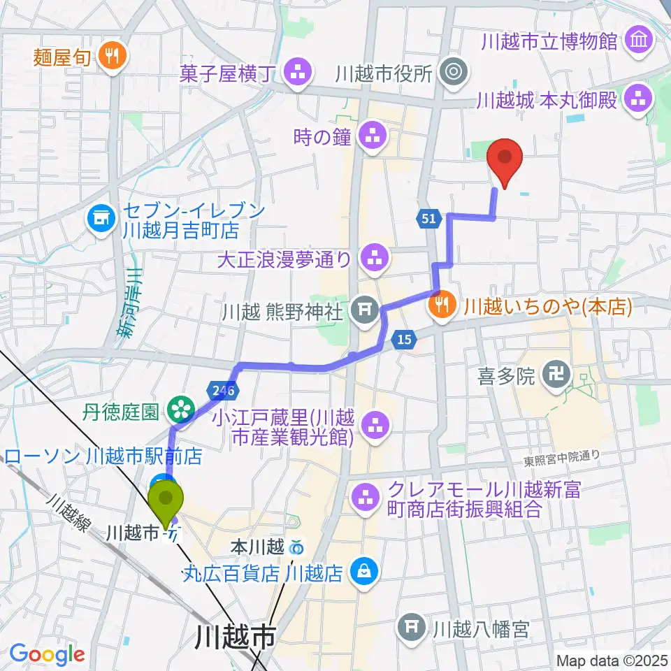 川越市駅から川越市やまぶき会館へのルートマップ地図