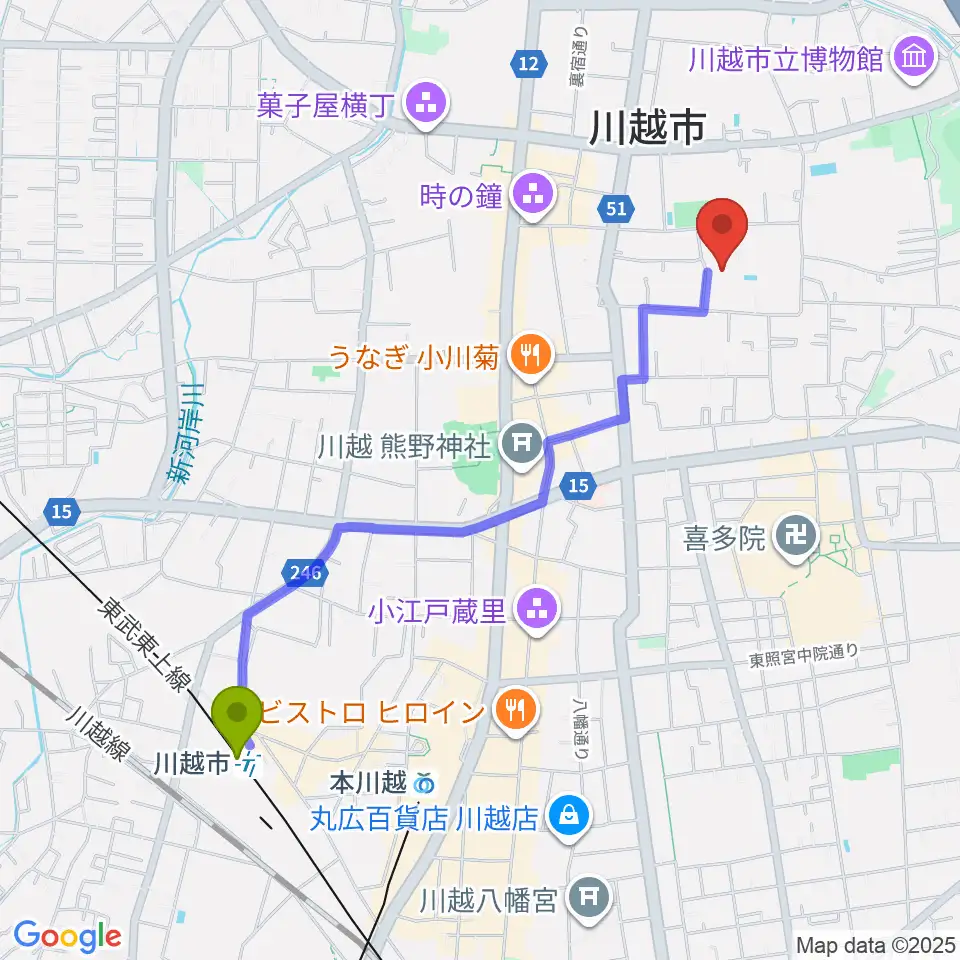 川越市駅から川越市やまぶき会館へのルートマップ地図