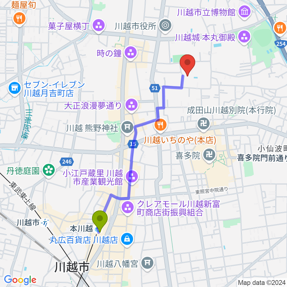 川越市やまぶき会館の最寄駅本川越駅からの徒歩ルート（約19分）地図