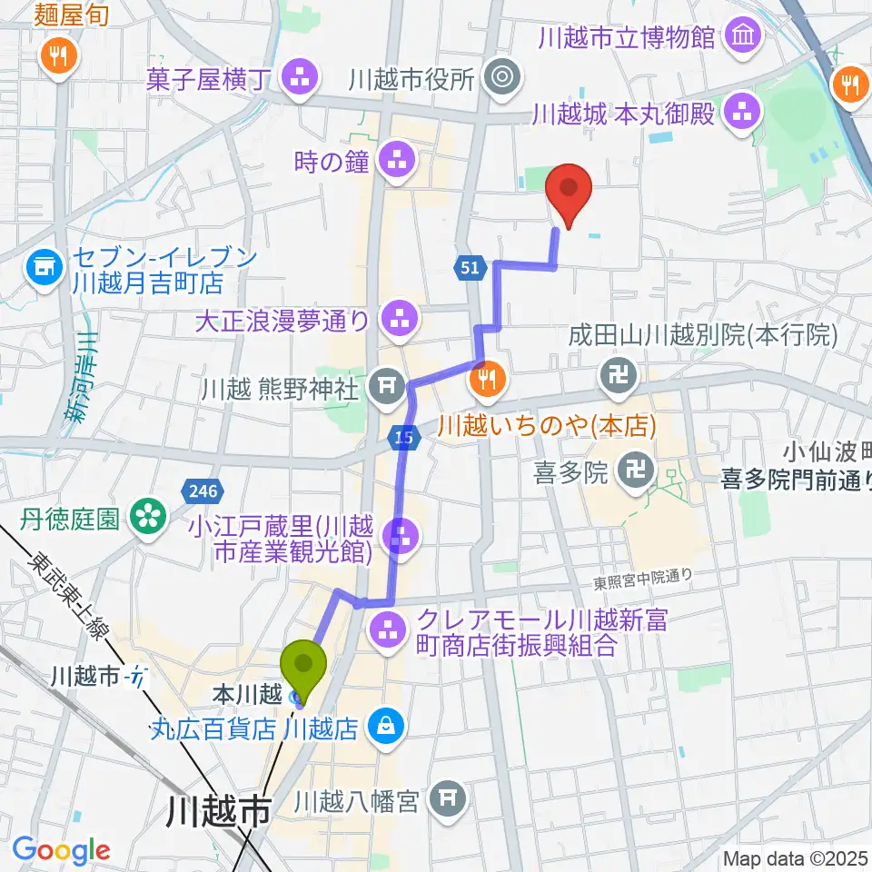 川越市やまぶき会館の最寄駅本川越駅からの徒歩ルート（約19分）地図