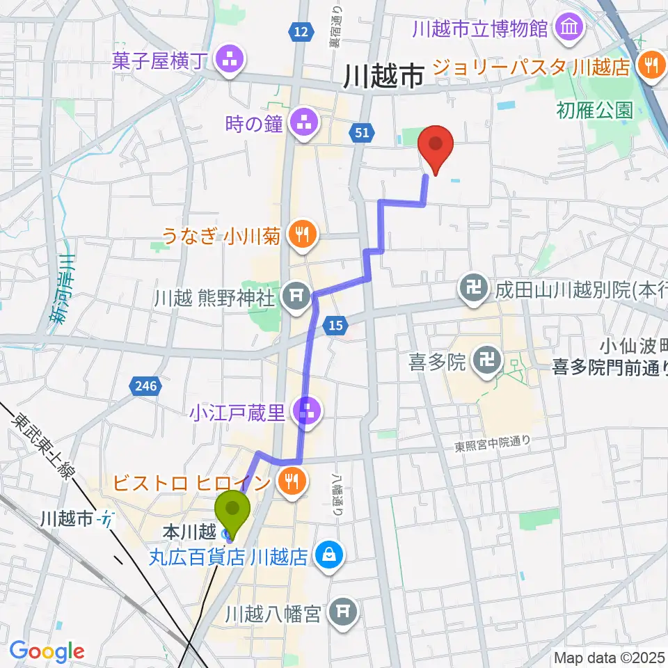 川越市やまぶき会館の最寄駅本川越駅からの徒歩ルート（約19分）地図