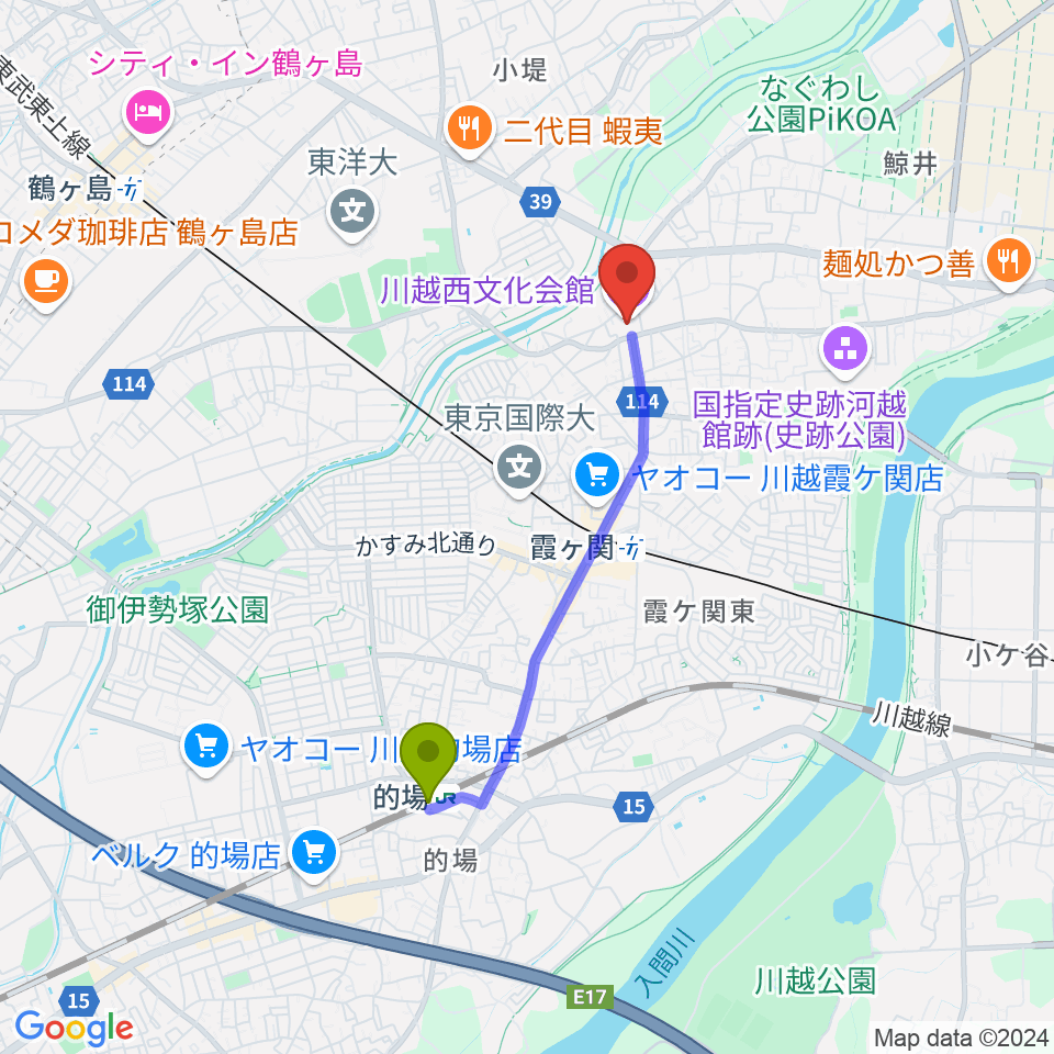 的場駅から川越西文化会館（メルト）へのルートマップ地図