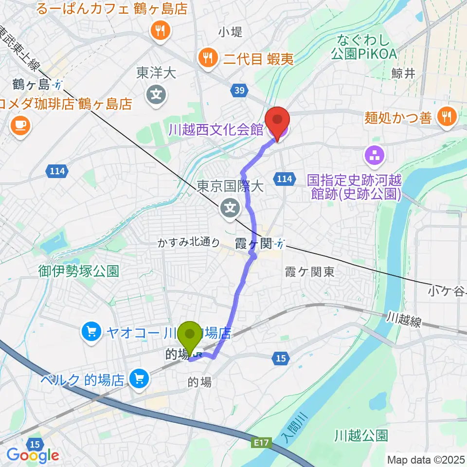 的場駅から川越西文化会館 メルトへのルートマップ地図