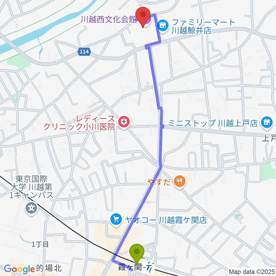 川越西文化会館（メルト）の最寄駅霞ヶ関駅からの徒歩ルート（約13分） MDATA