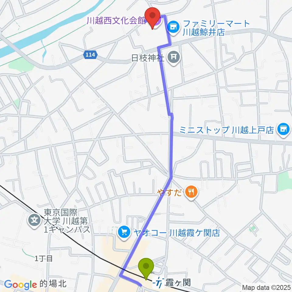 川越西文化会館 メルトの最寄駅霞ヶ関駅からの徒歩ルート（約13分）地図