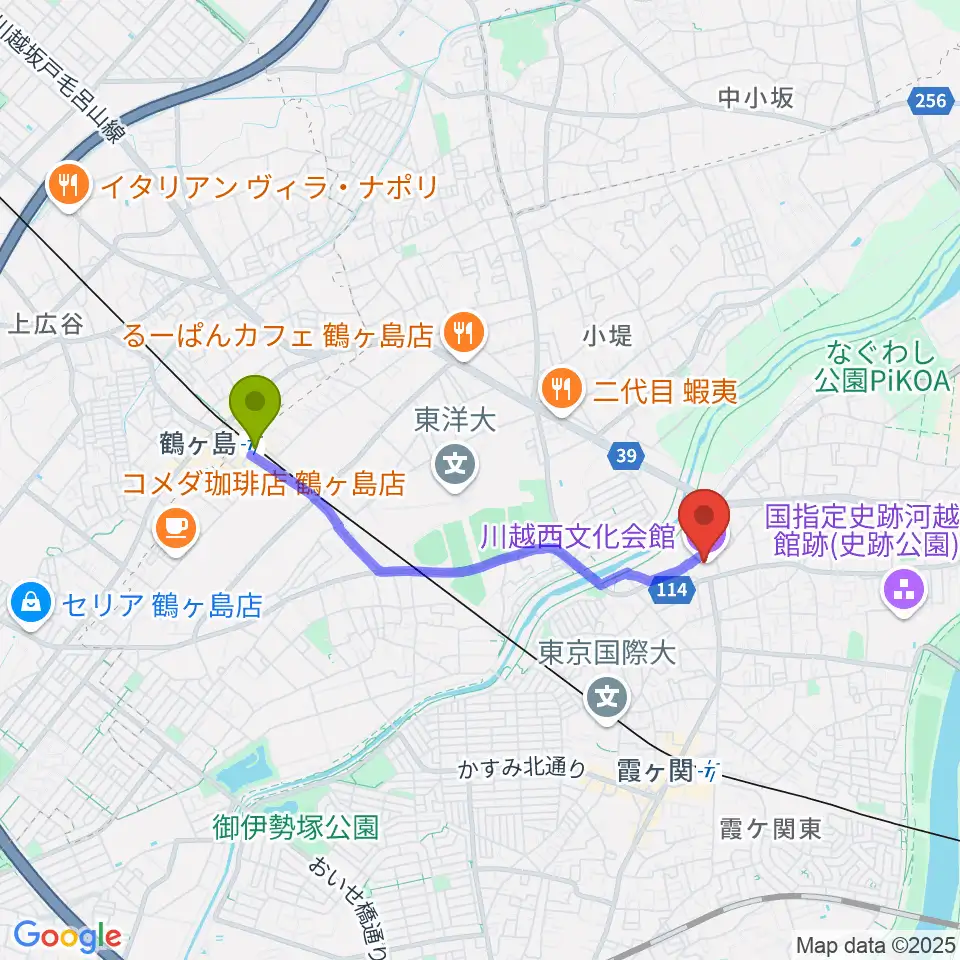 鶴ヶ島駅から川越西文化会館 メルトへのルートマップ地図