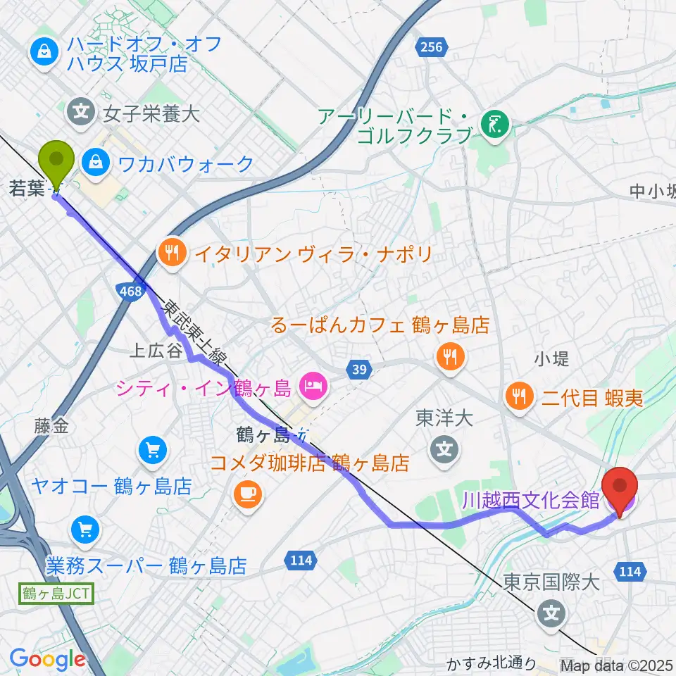 若葉駅から川越西文化会館 メルトへのルートマップ地図